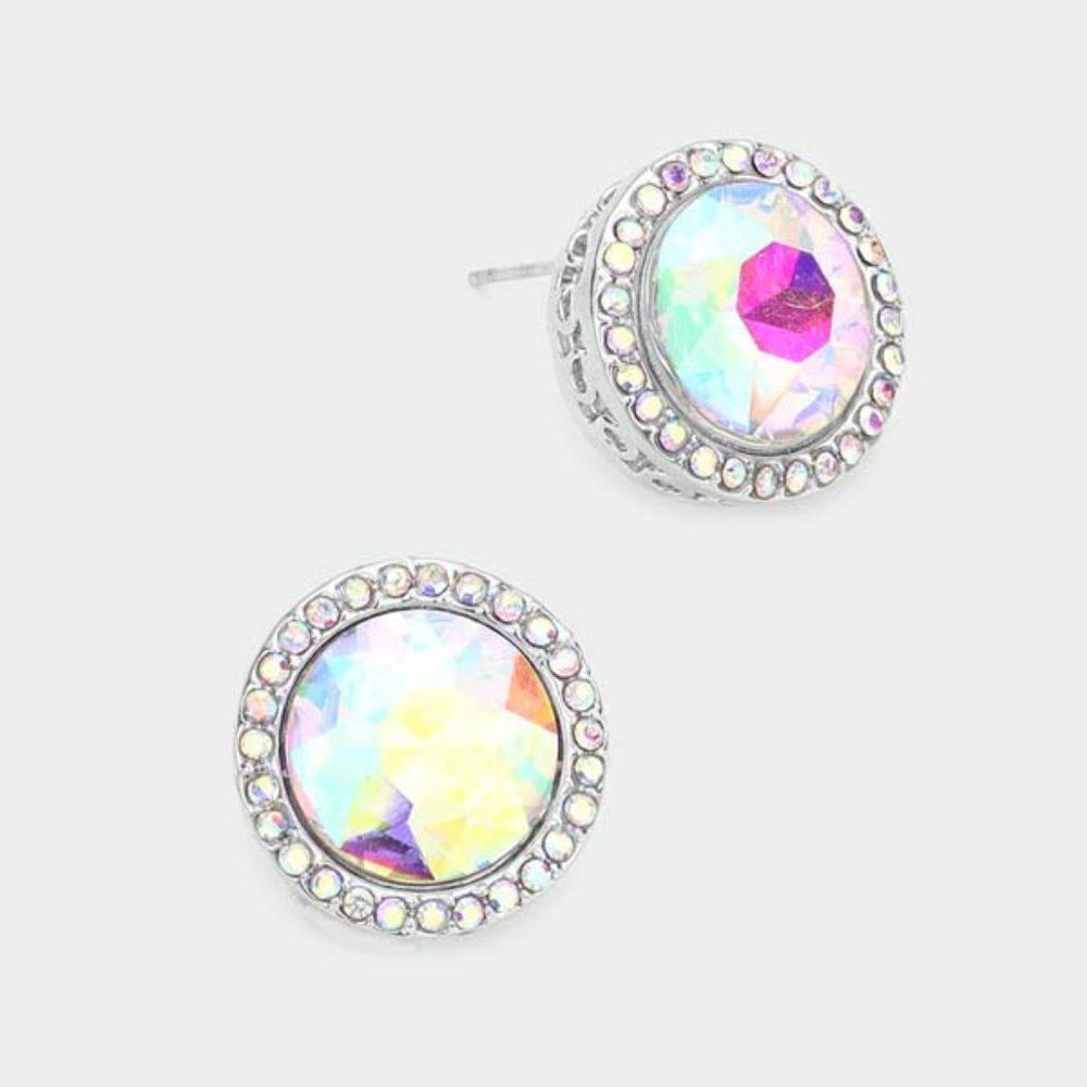Rhinestone Trimmed Round Stone Aurora Borealis Evening Earrings